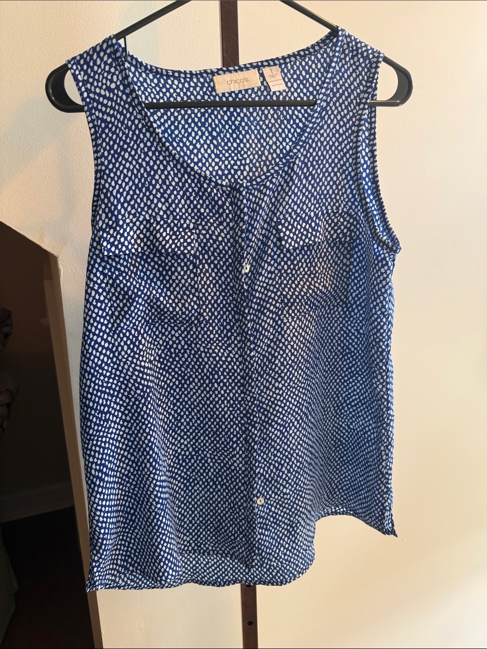 Chico's Navy and White Dot-Print Sleeveless Button-Front Blouse